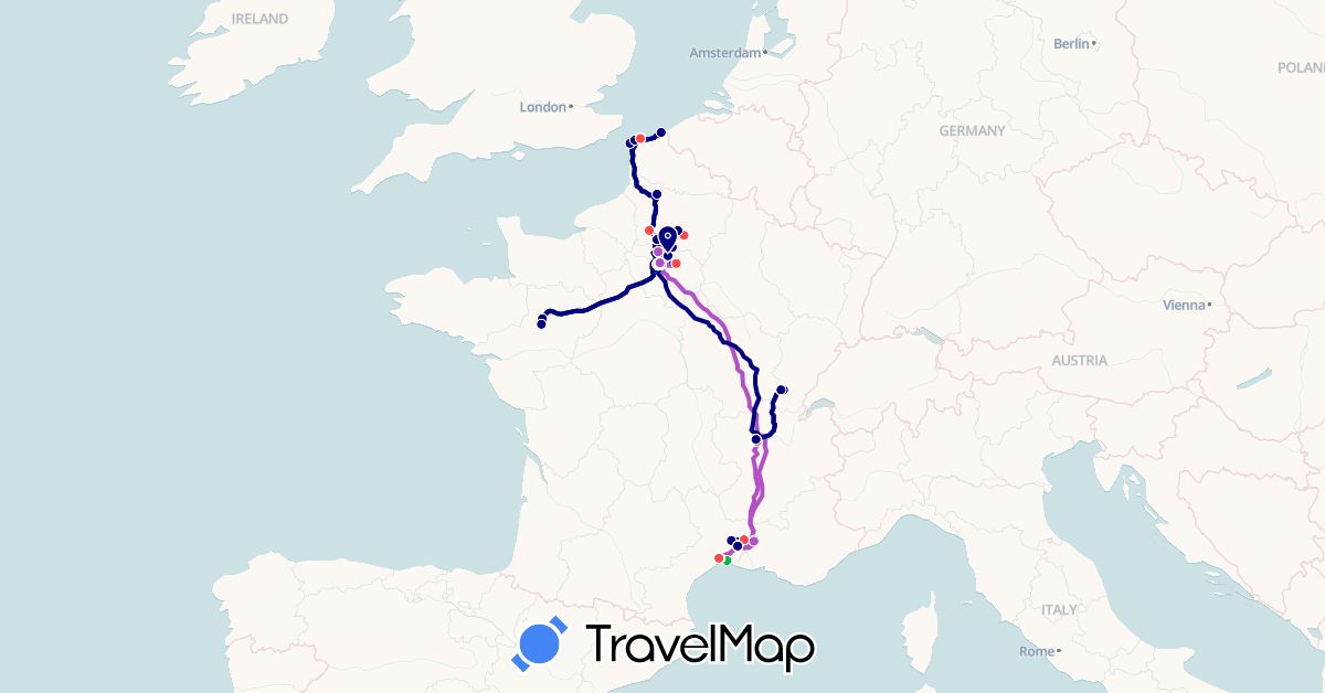 TravelMap itinerary: driving, bus, train, hiking, train de visite, bus de visite in France (Europe)